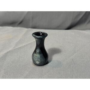 Vintage 2" Mini Handmade Vase Blue Silver Drip Glaze Handmade Collectible